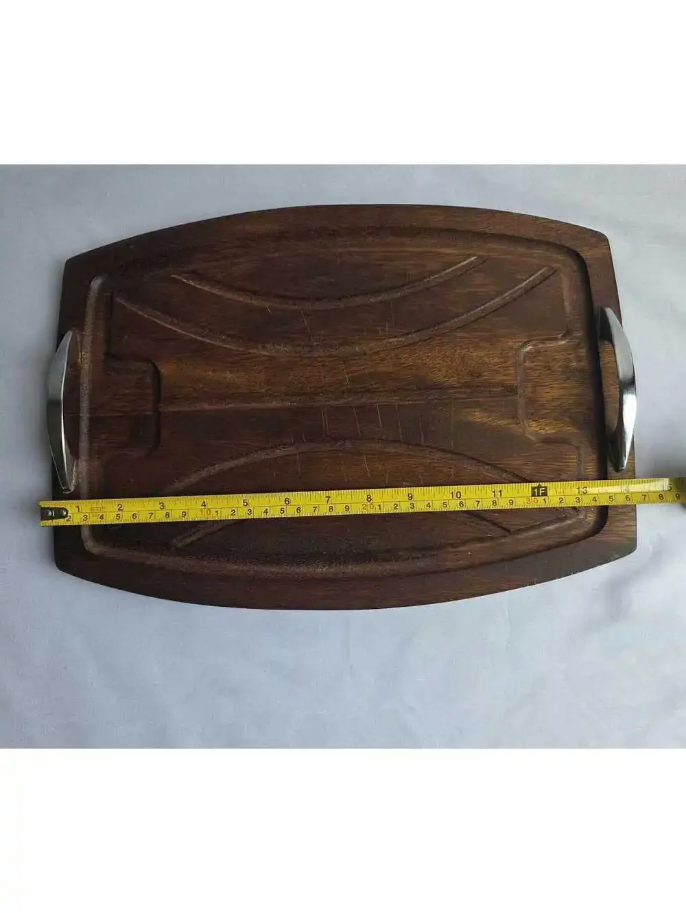 Vintage Wooden Serving Tray w/ Metal Handles Carved Design Solid Wood